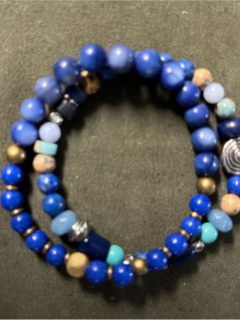 Blue gemstone Beaded stretch Bracelet - Multi Blue and brass